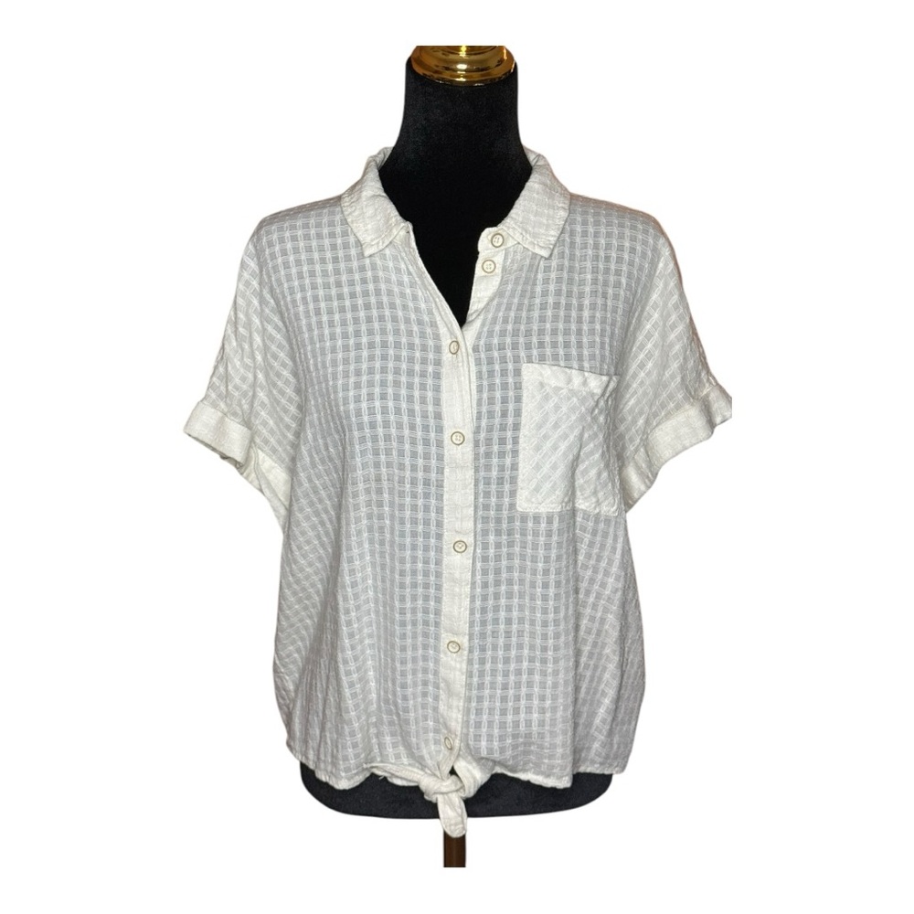 Sanctuary Off-white Summer Semi-Sheer Button-Up Blouse Tie Front L